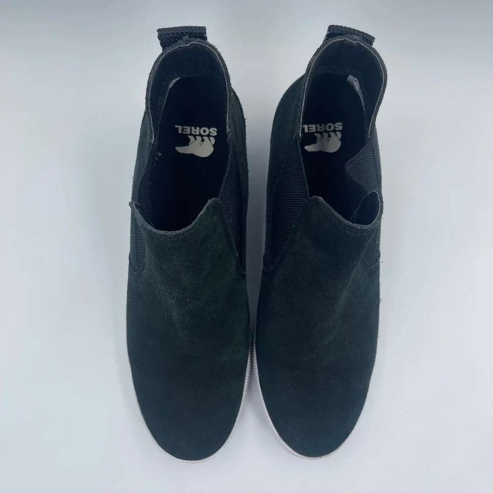Sorel Womens Size 10 Black Suede Wedge Chelsea Slip On Sneakers